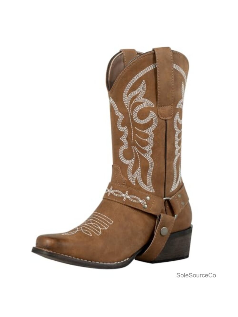 Women's Square Toe Cowboy Boots, Pull-On Mid-Calf With Removable Buckle Harness